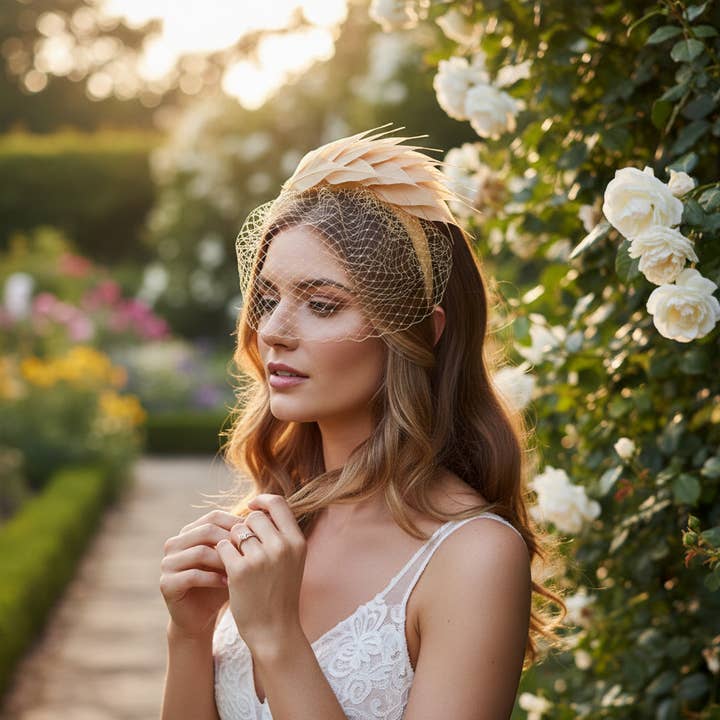 ATHENA COLLECTION - BIRDCAGE VEIL FASCINATOR - GOLD for wholesale by Athena Bridal Jewellery