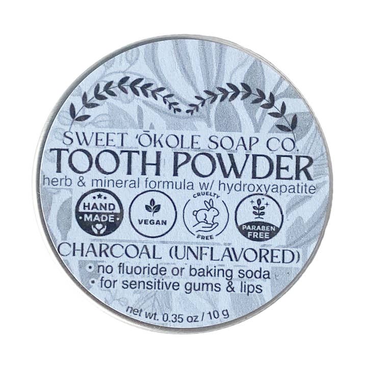 Poudre dentifrice minérale aux herbes avec charbon et hydroxyapatite pour la vente par Sweet ʻŌkole Soap Co.