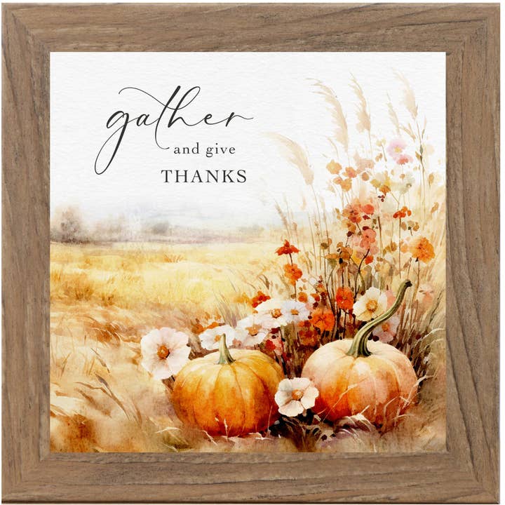 Gather and Give Thanks Fall Autumn Pumpkin Framed Art for wholesale by Summer Snow Art
