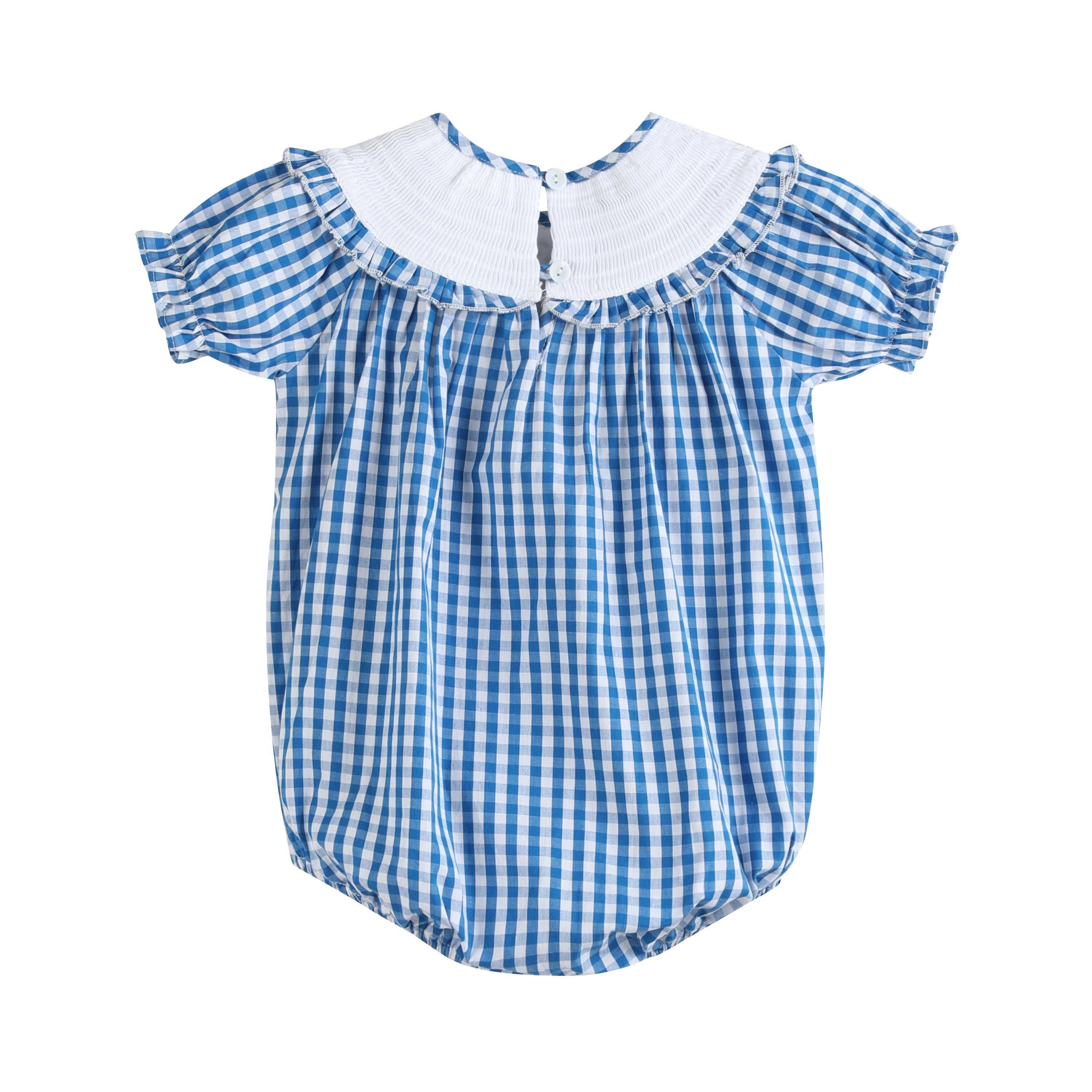 Lil Cactus – wholesale Bodysuit (non-footed) – Baby – Blue Gingham Pumpkin Smocked Ruffle Romper1