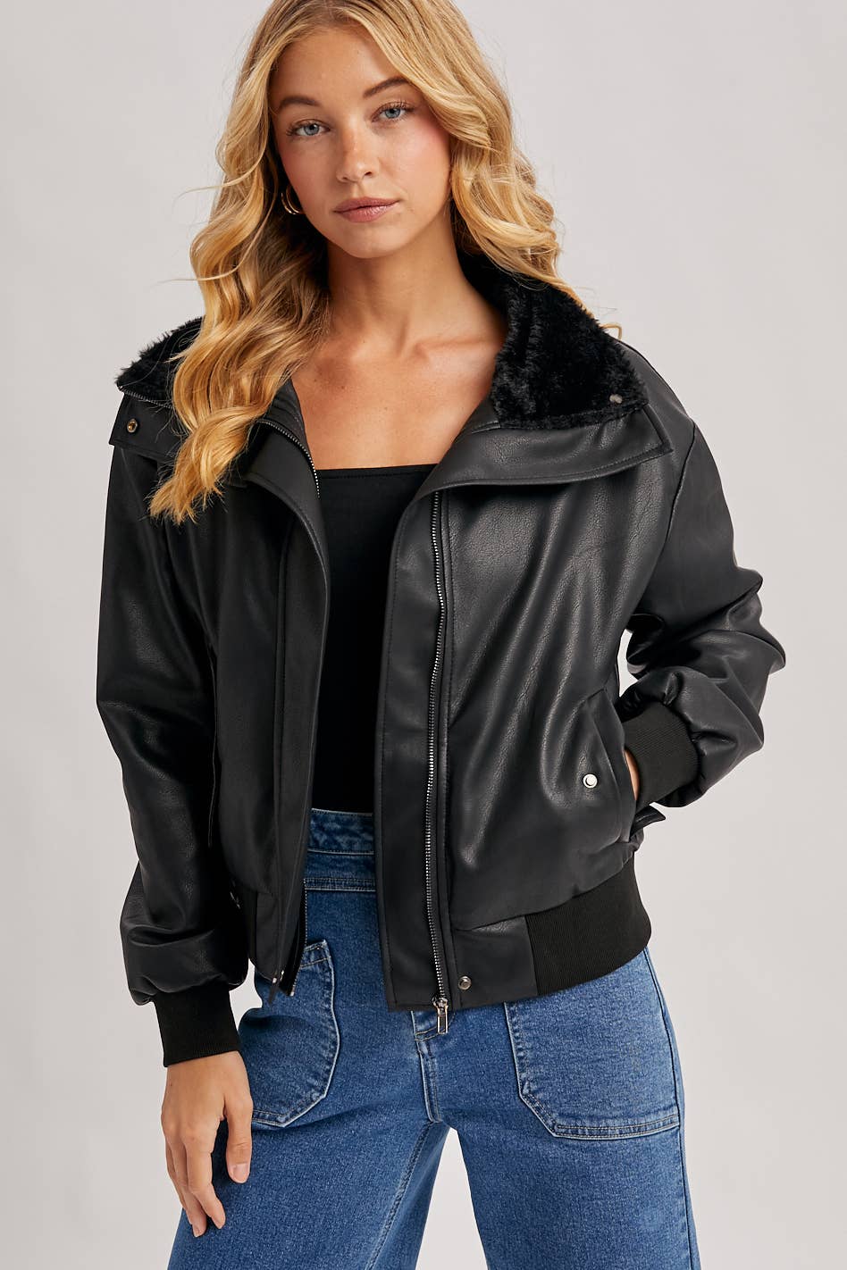 Bluivy - Wholesale Bomber Jacket - Women's - AVIATOR FAUX LEATHER AND FUR TRIMMED BOMBER JACKET1