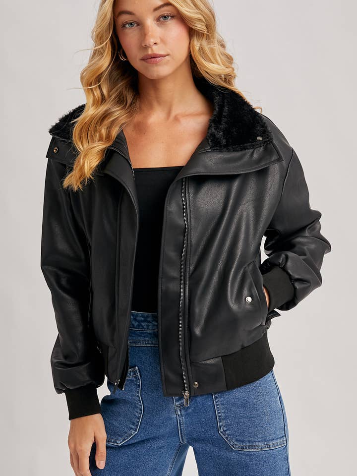 Bluivy - Wholesale Bomber Jacket - Women's - AVIATOR FAUX LEATHER AND FUR TRIMMED BOMBER JACKET1