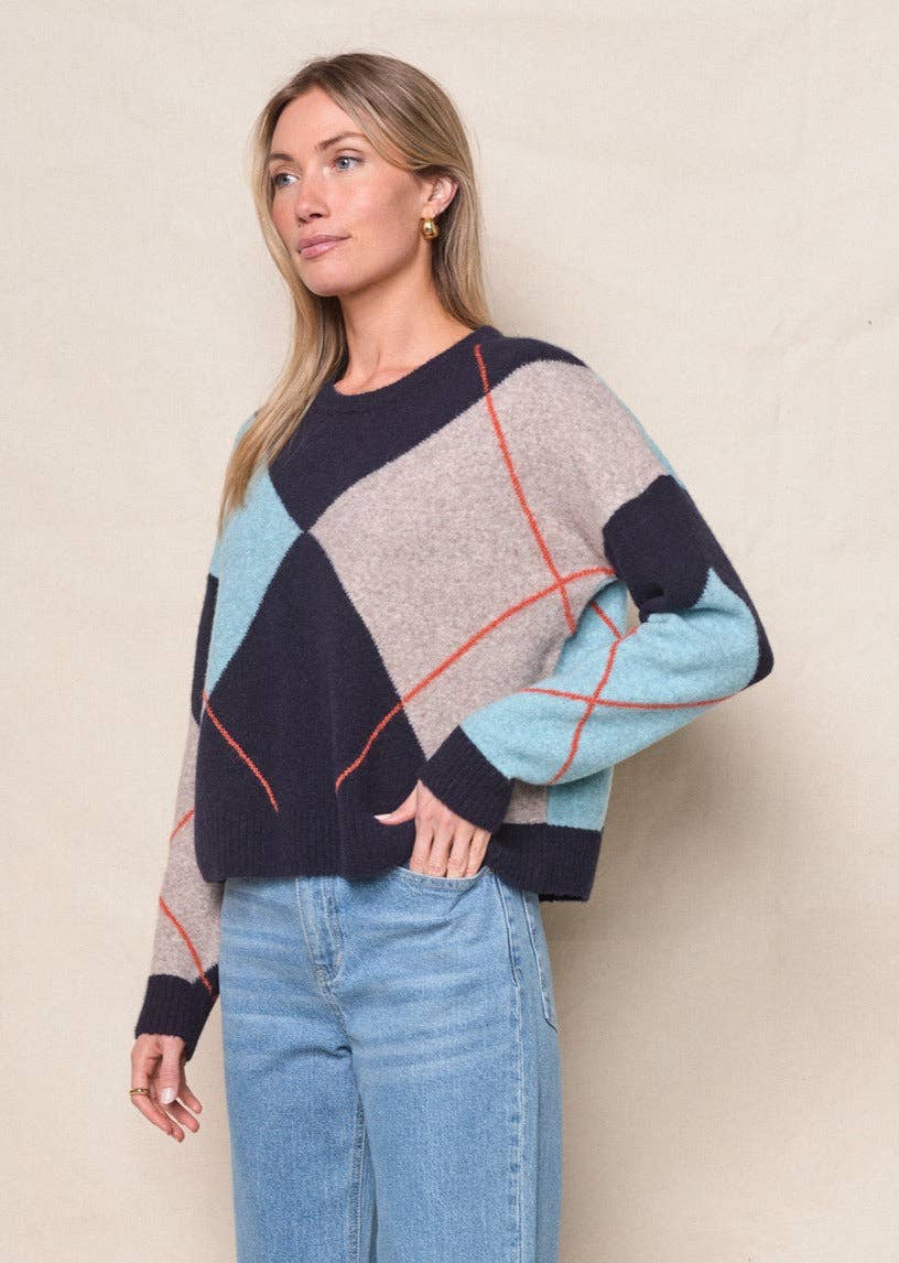 Stateside – Pulôver - Mulher por atacado – Camisola de Gola Redonda Argyle em Azul Marinho Multicolorido6