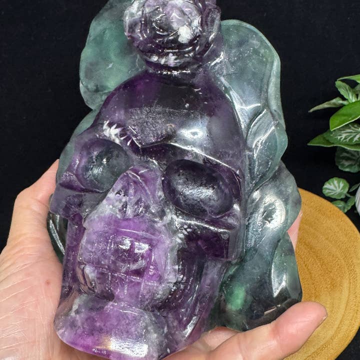 2.4 lb Unique UV reactive fluorite skull w/ rose F914 for wholesale by The 7 Directions