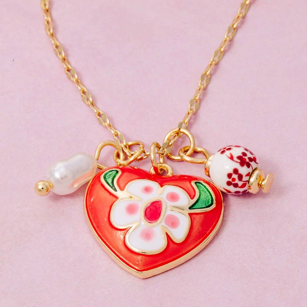 Fame Accessories - Wholesale Link & Chain Necklace - Enamel Heart And Ceramic Floral Charms Chain Necklace3
