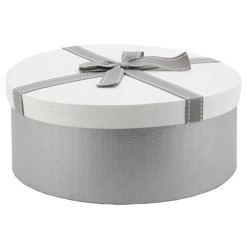 Aubry Gaspard – wholesale Presentbox – Rund grå pappbox med bomullsrosett och dekorativa sömmar1