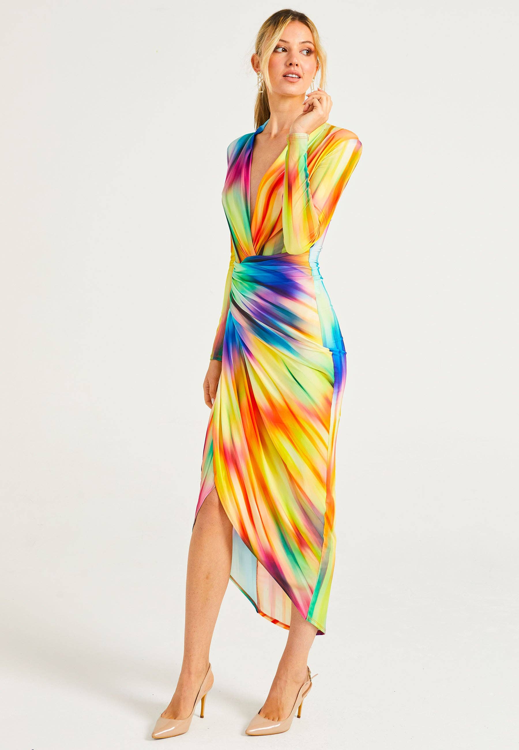ANGELEYE - Wholesale Dress - Women's - Plunge Neck Faux Wrap Print Midi Dress in Rainbow1