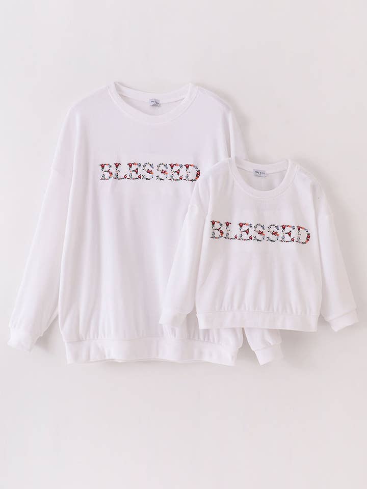 White velvet blessed embroidery mom&me sweatshirt for wholesale by Mom & Co.