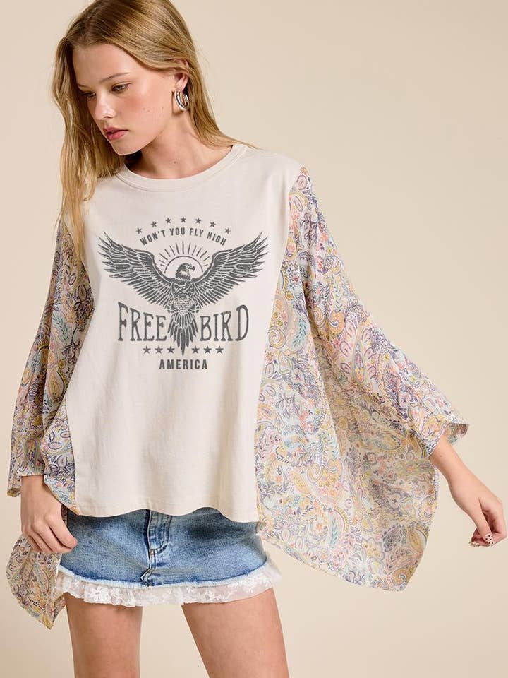 Free Bird America Graphic Boho Contrast Poncho Top for wholesale by Zutter