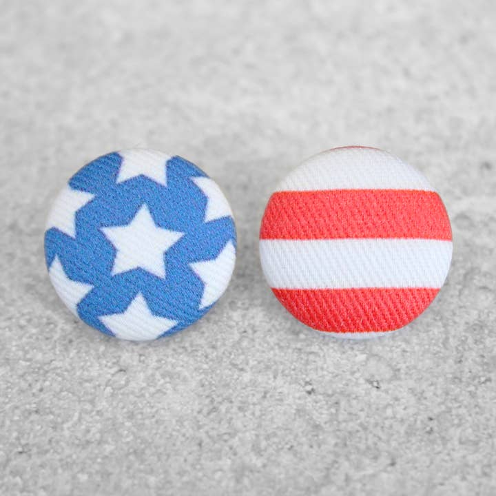 Bold 7/8 Inch USA American Flag Fabric Button Earrings for wholesale by Rachel O's