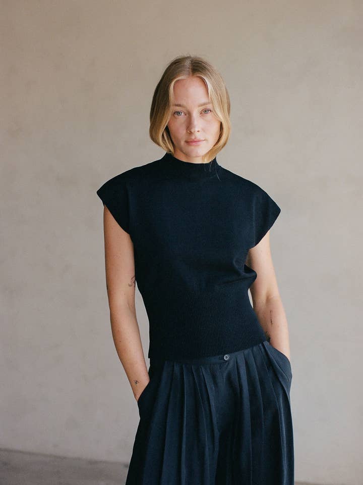 Black AW1044 | Knit Viscose Nylon Sweater Sleeveless Mock Neck Top for wholesale on Faire