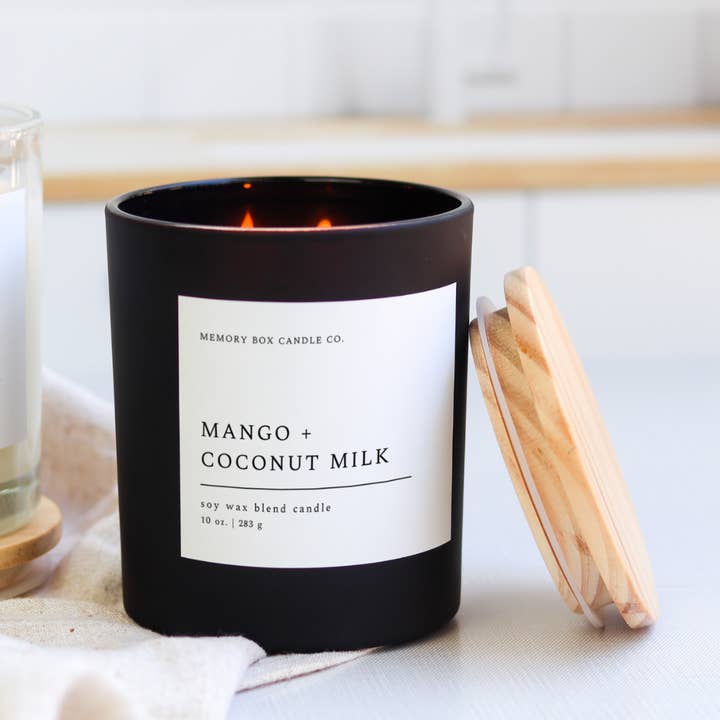 Memory Box Candle Co. - Wholesale Jar/Filled Candle - Mango + Coconut Milk - 10 oz. Matte Black Glass Soy Candle