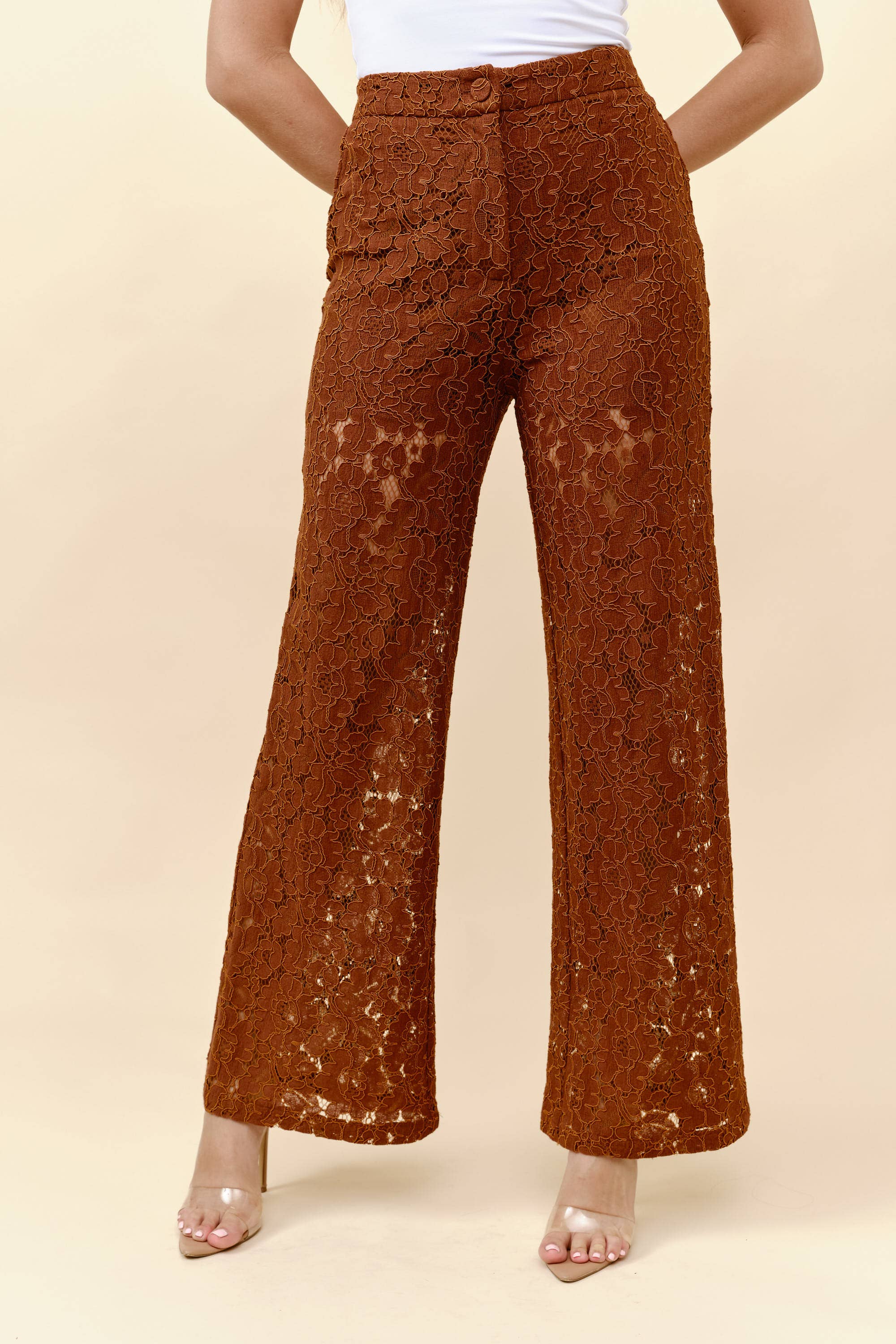 Brown High waist wide leg lace trousers for wholesale on Faire6