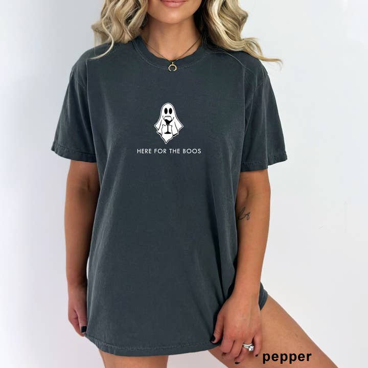 Custom T Story - Wholesale Screen Printed T-Shirt - Women's - Comfort colors Tee, Halloween Shirt, Here for the Boos Shirt0