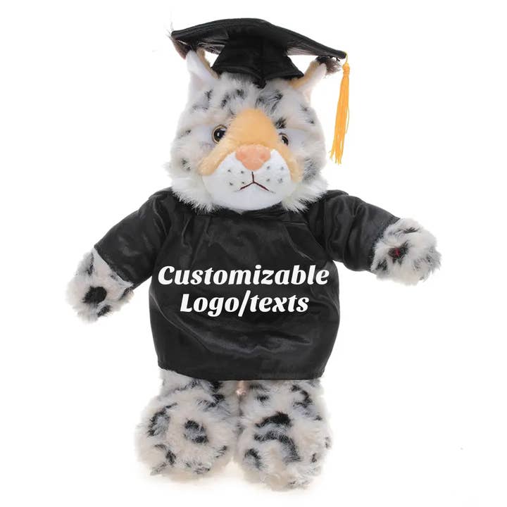 11″ Customizable Graduation Bobcat Plush in Cap & Gown for wholesale by Plushland