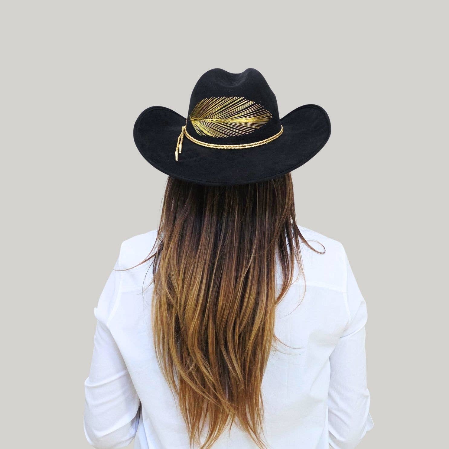 PETRA SAVAGE - Wholesale Cowboy Hat - Women's - Kylin Black Suede Cowboy Hat with Gold Feather Embroidery8
