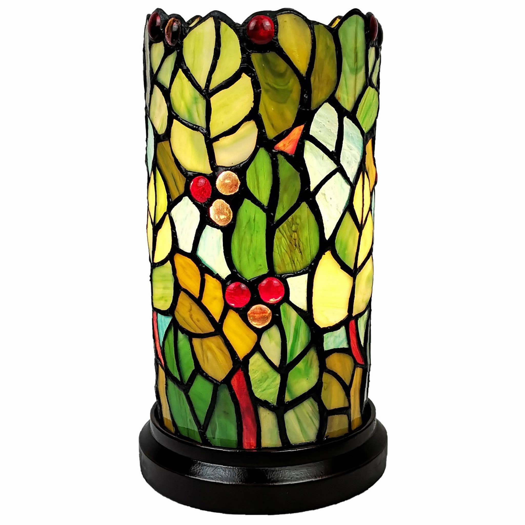 HomeRoots - Wholesale Accent/Desk Lamp - 11" Green And Red Leaves And Berries Stained Glass Lamp0