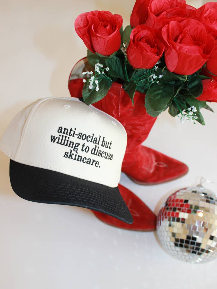 Antisocial But Willing To Discuss Skin Care Black Trucker Hat for wholesale by 920 Threads