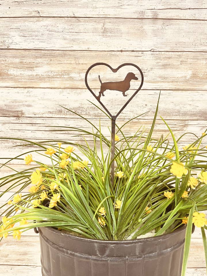 Heart Outline with Dachshund Weenie Dog Garden Plant Stake for wholesale by Universal Ironworks USA