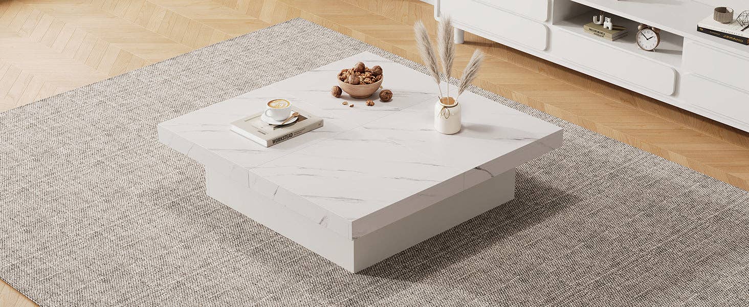 Urban Meuble - Wholesale Side Table - Modern white square coffee table with marble effect, 4 drawers, sliding top 90x90x25cm KHEKRIED14