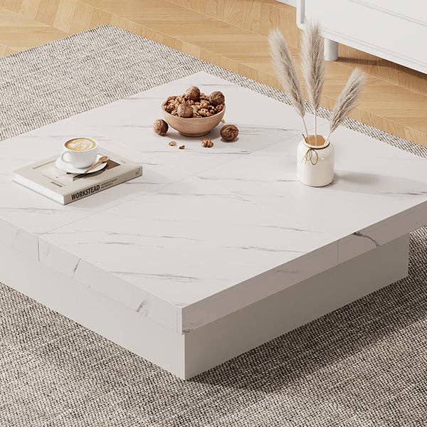 Urban Meuble - Wholesale Side Table - Modern white square coffee table with marble effect, 4 drawers, sliding top 90x90x25cm KHEKRIED14