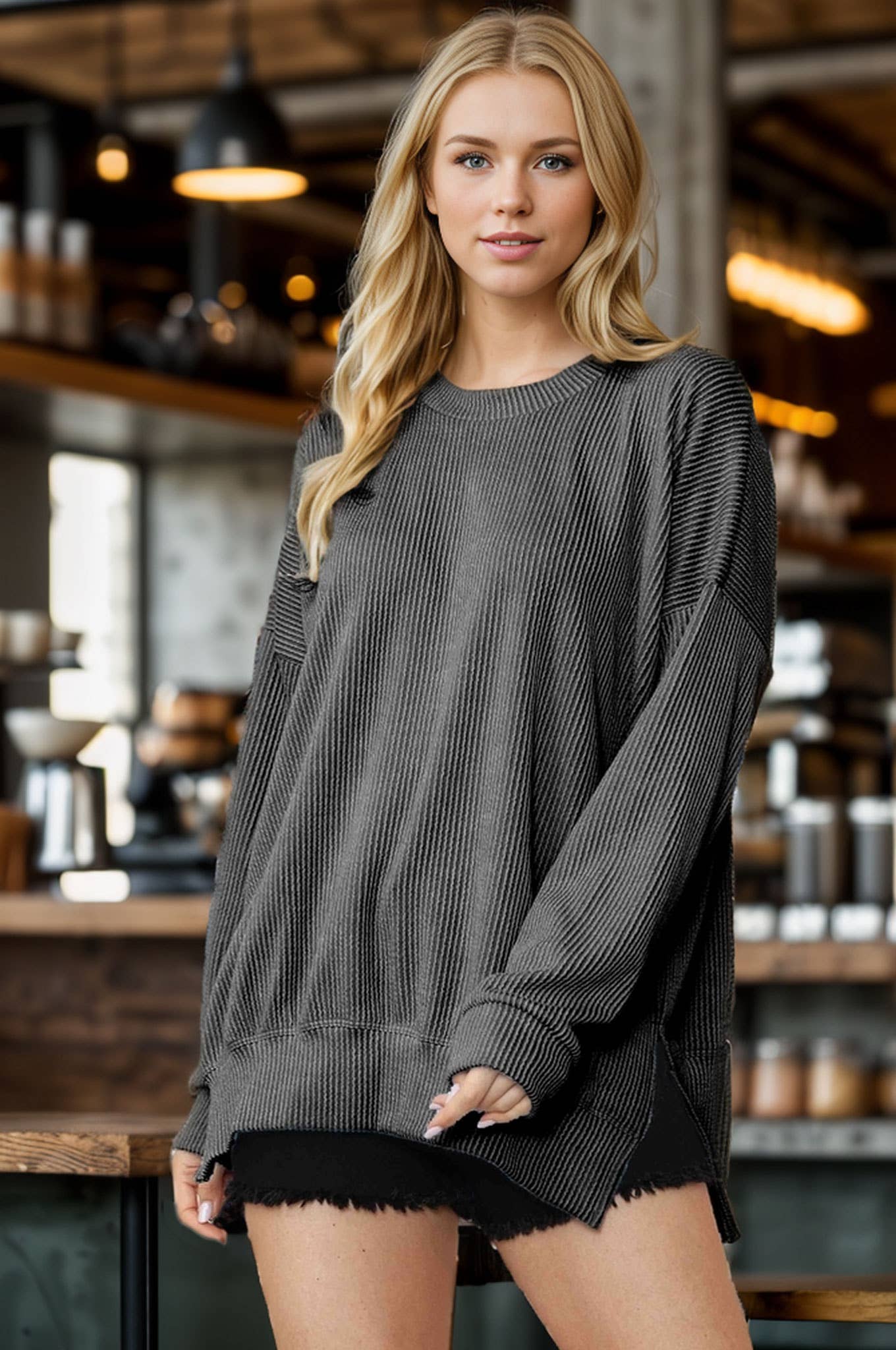 Burgundy Apparel - Vente Sweat-shirt – femme - SWEAT-SHIRT OVERSIZE CÔTELÉ ONDULÉ AVEC FENTE LATÉRALE - AUTOMNE5