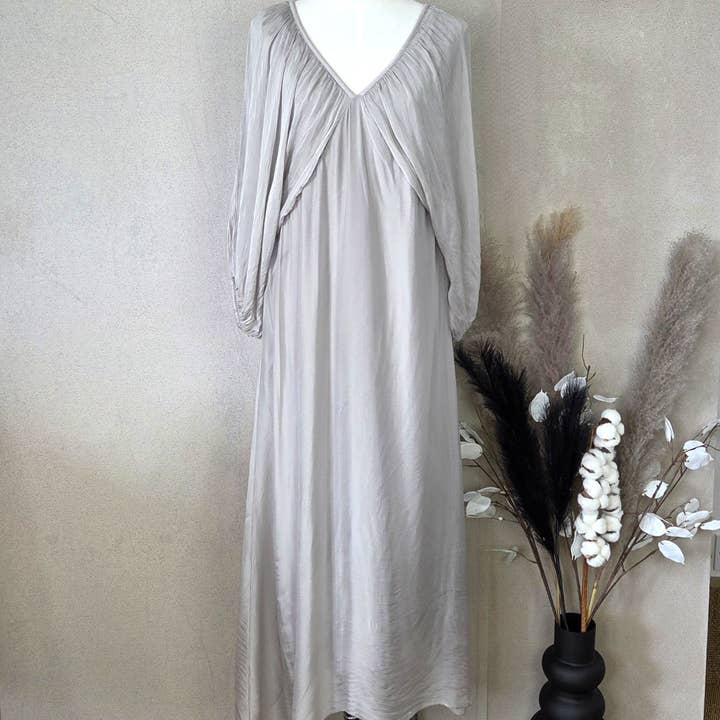 Draped effect V-neck and back with tie silk blend goddess dress for wholesale by Tempest Designs