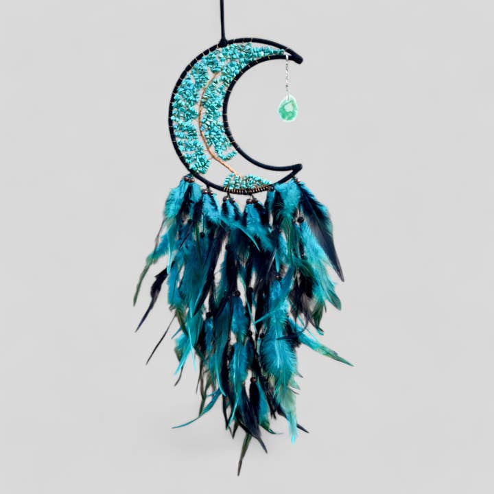Guzel Handcrafts - Wholesale Dream Catcher - Medium Wall Hanging Crescent Moon Dream Catcher with Turquoise Stones & Hanging Stone Charm with Turquoise Black Feathers Modern Home Decor