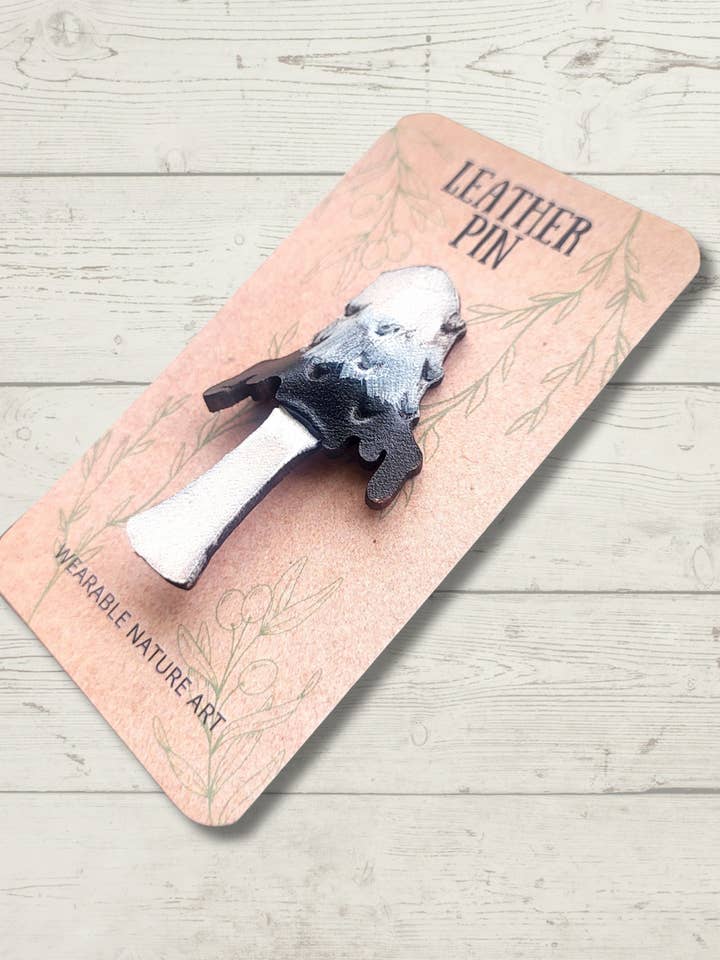 Inky Cap Mushroom Leather Pin for wholesale by Wyrd & Witchy Art