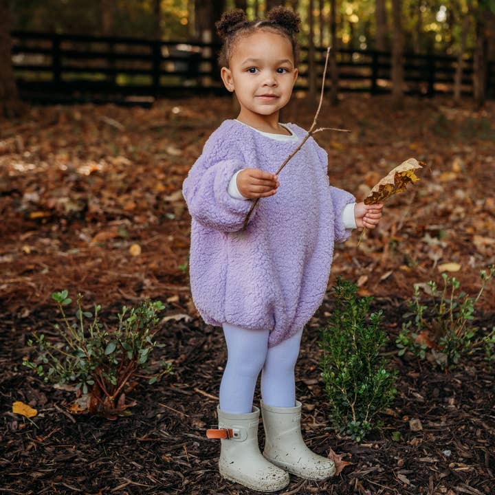 Sherpa Fleece Sweater Romper, Lavender Sherpa Sweatshirt for wholesale by Otto & Odette LLC