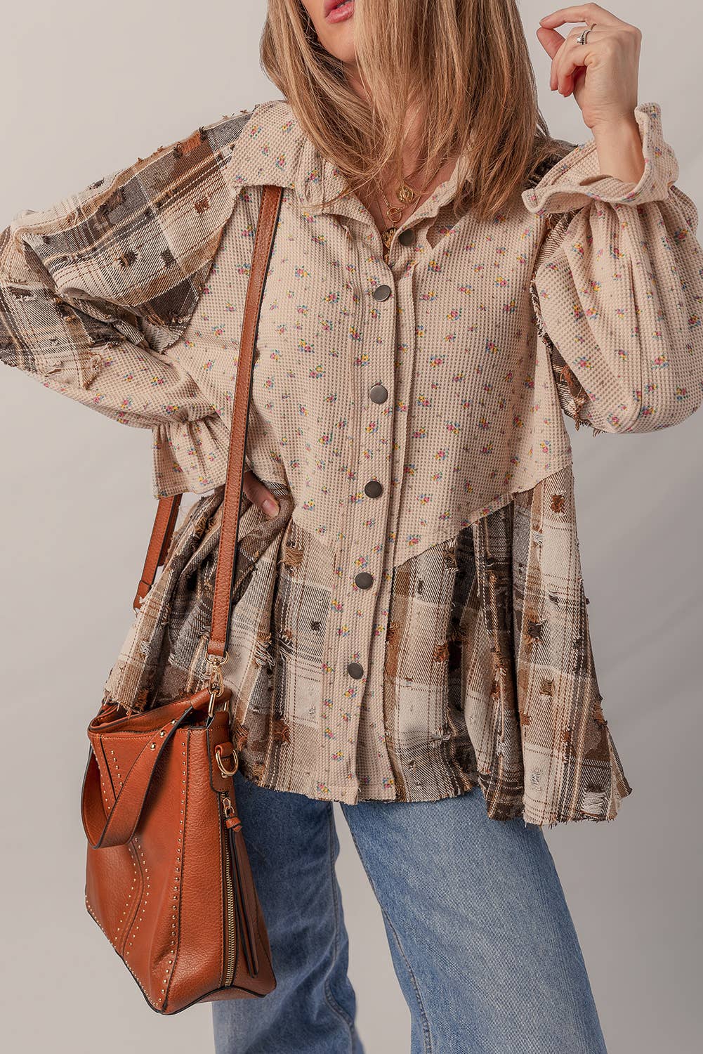 1 the Woman - Wholesale Shirt Jacket/Shacket - Women's - Distressed Detail Ruffled Sleeve Waffle Knit Shacket6