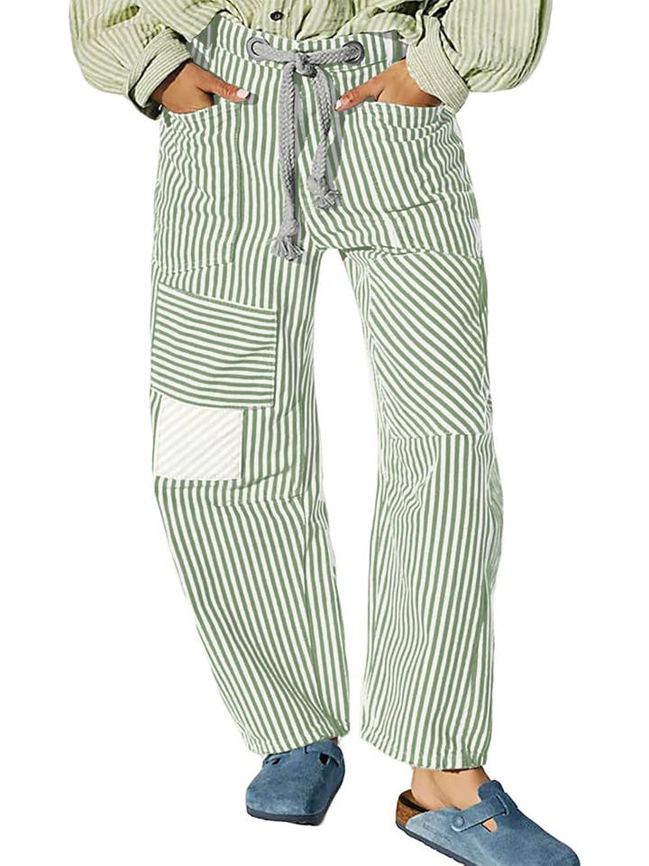 Dipped Shop - Wholesale Pants – Women's - Casual Splice Striped Drawstring Wide Leg Pants DP25D9194