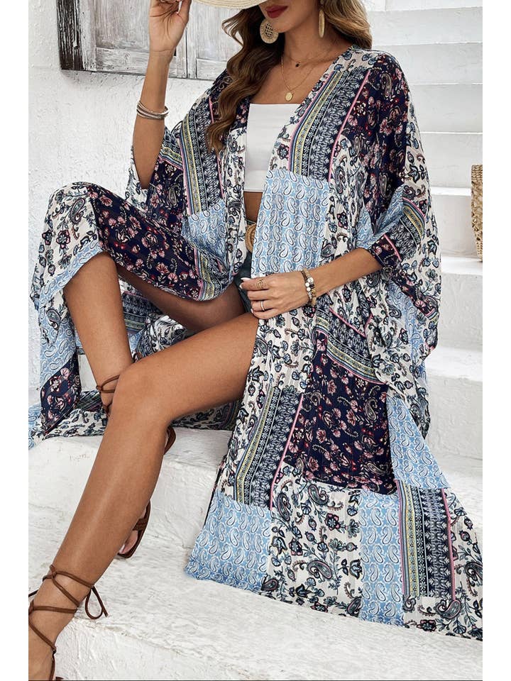 Blue Boho Floral Open Front Summer Kimono for wholesale on Faire