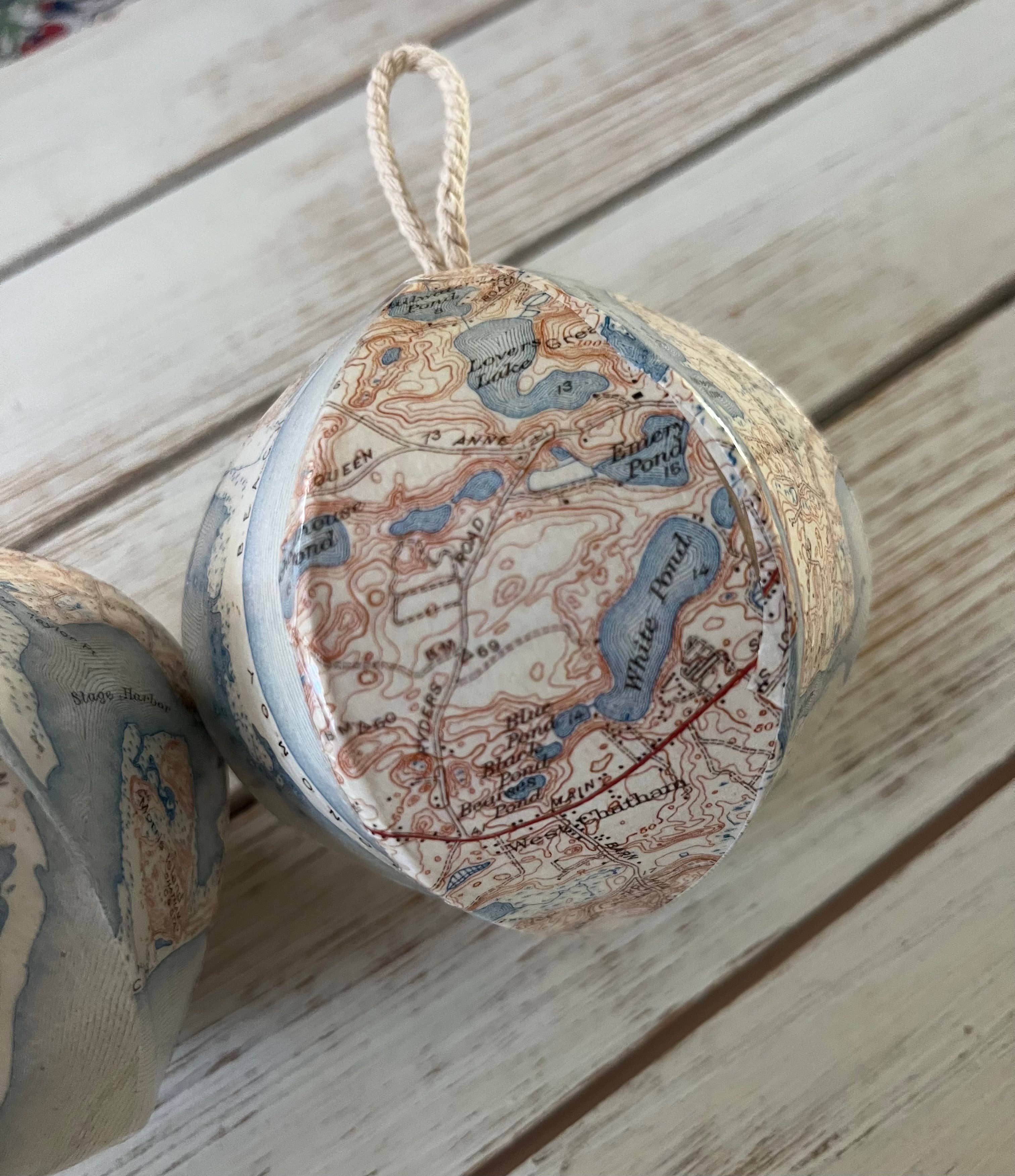 Domesticadence - Wholesale Ornament Set - 12 Upcycled Chatham, MA Cape Cod Map Ornaments