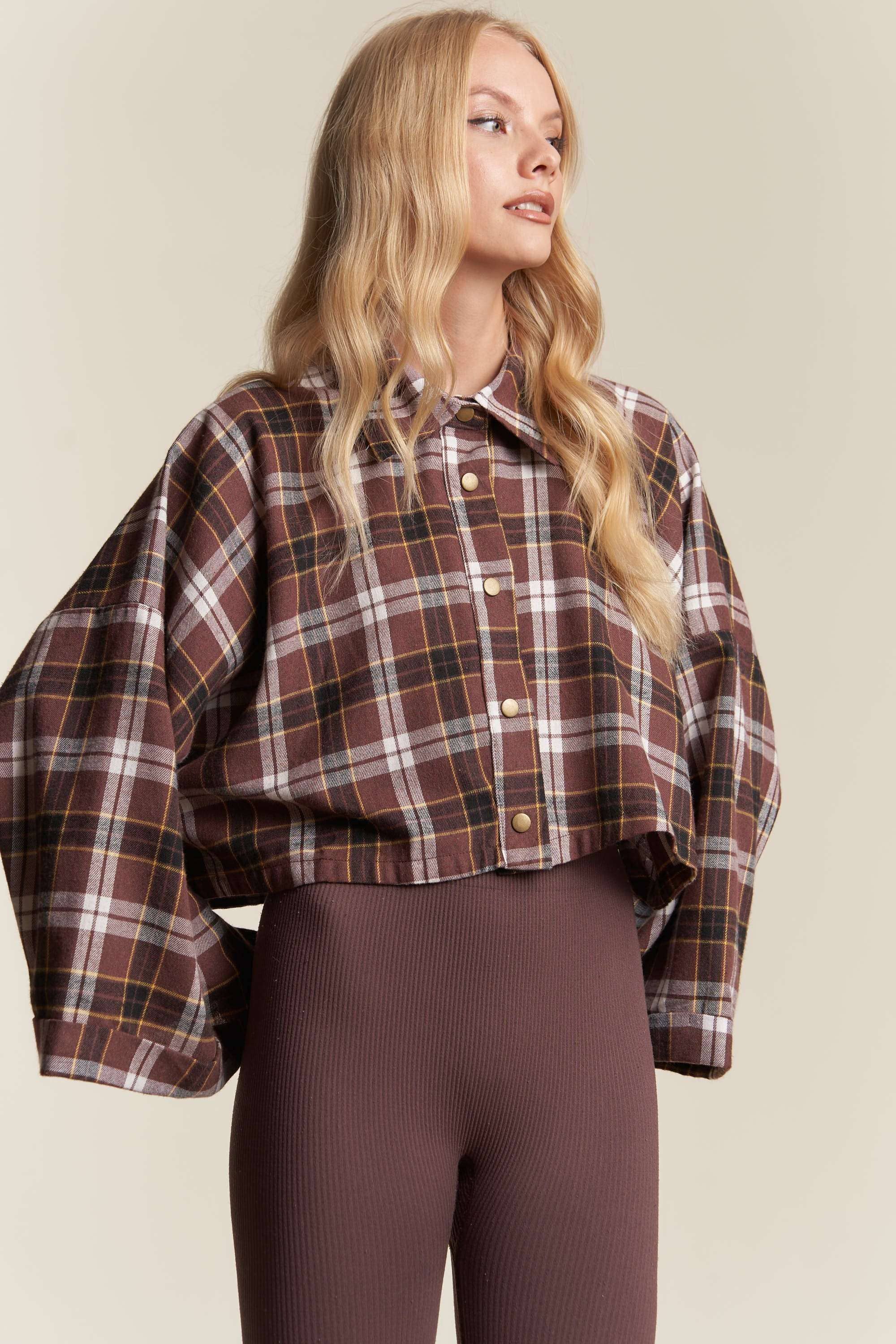 BROWN COMBO WIDE SLEEVE SNAP BUTTON DOWN PLAID SHIRT JACKET for wholesale on Faire4