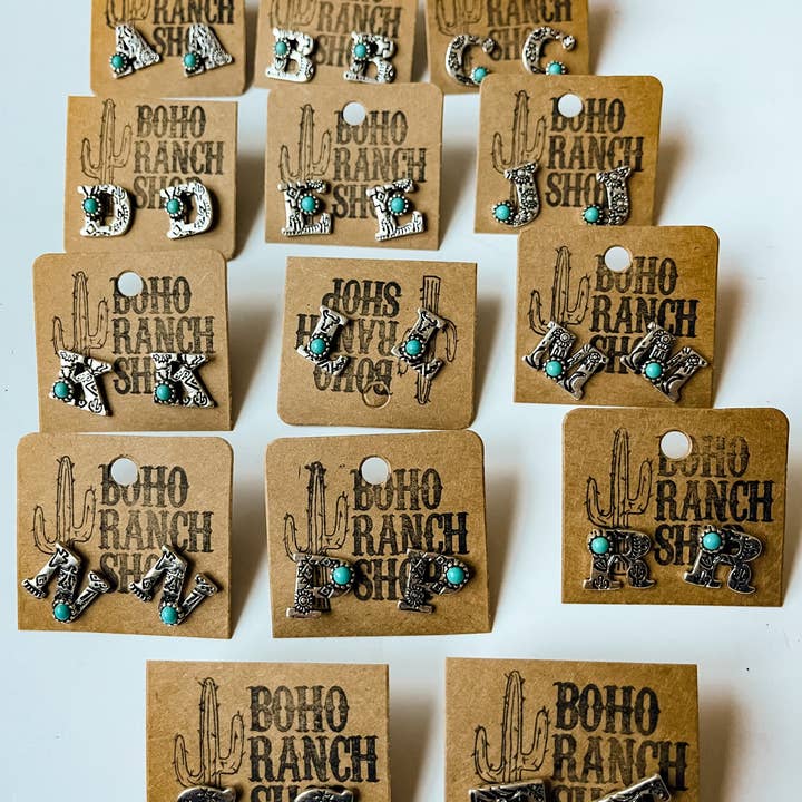 Boho Ranch Shop - Wholesale Stud/Post Earrings - Western Stamped Initial Studs Earrings