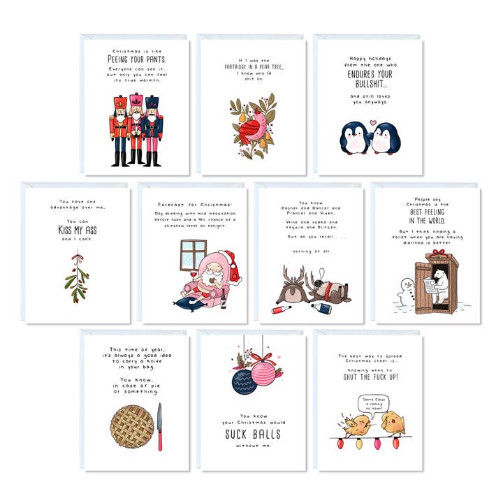 Sarcastic Christmas Cards Holiday Box Set Pack of 10 Cards for wholesale by ALY LOU®
