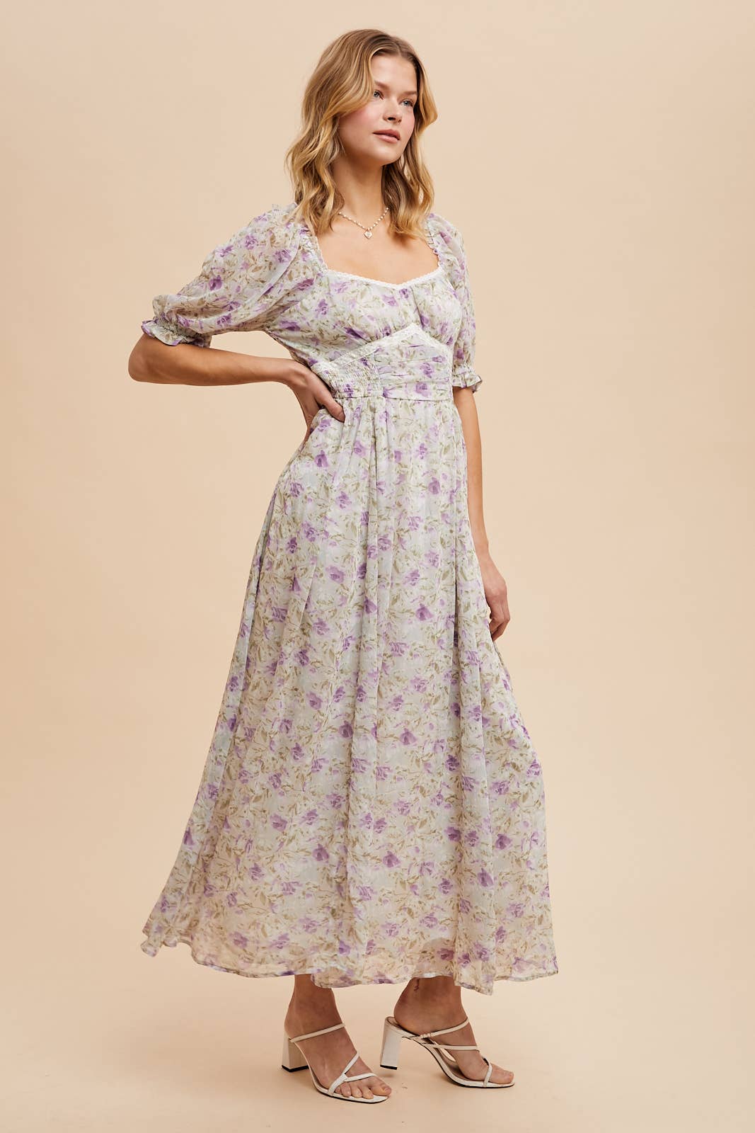 LAVENDER FLORAL SMOCKED SWEETHEART DRESS for wholesale on Faire4