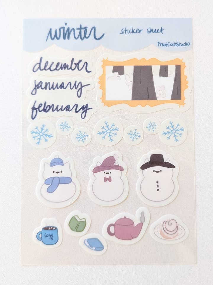 Cozy Winter Transparent Sticker Sheet for wholesale by Fruit Cats Studio