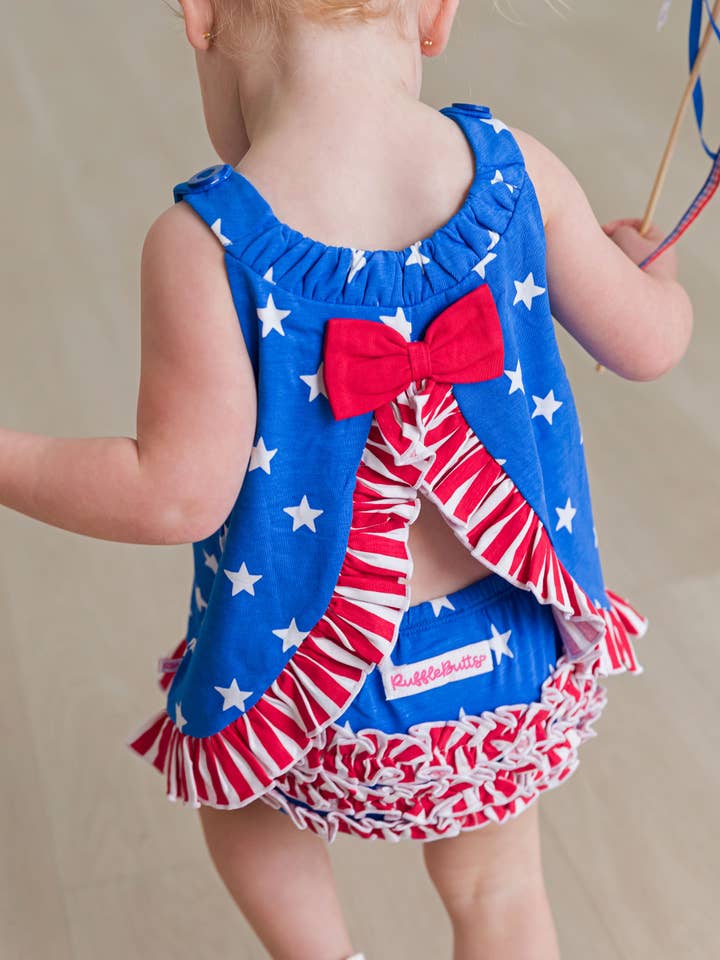 RuffleButts + RuggedButts - Wholesale Top & Short Set - Baby - Baby Girls Stars & Stripes Knit Swing Top and Bloomer Set