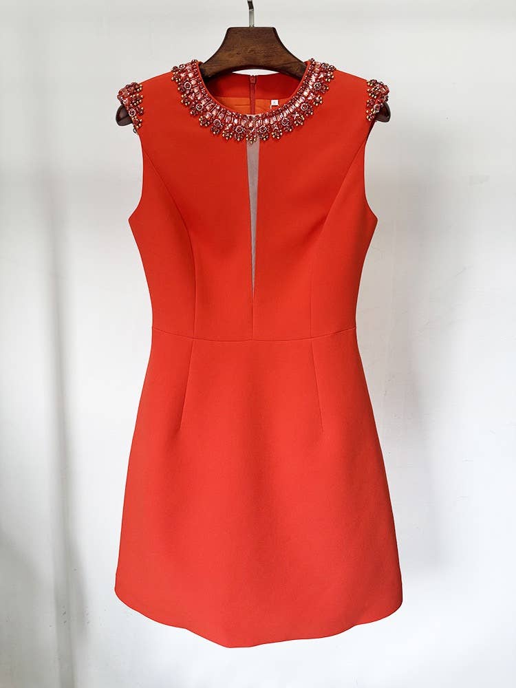 DR444Y Handmade Beaded Diamond Red Sleeveless Dress for wholesale on Faire1