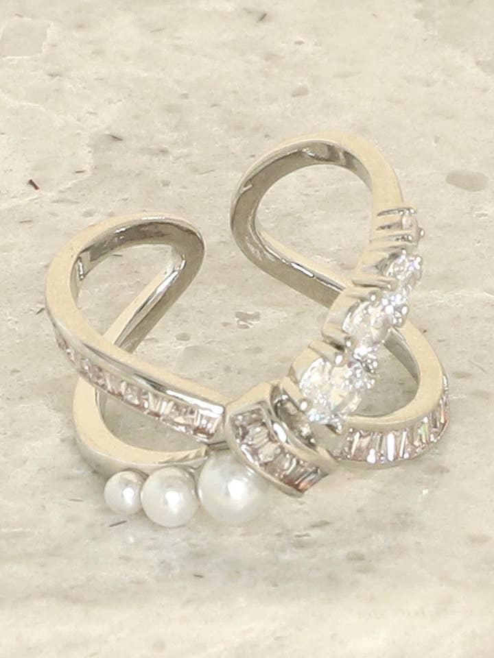 Gold Plated CZ Pearl Crossover Cuff Ring for wholesale by SP Sophia Collection