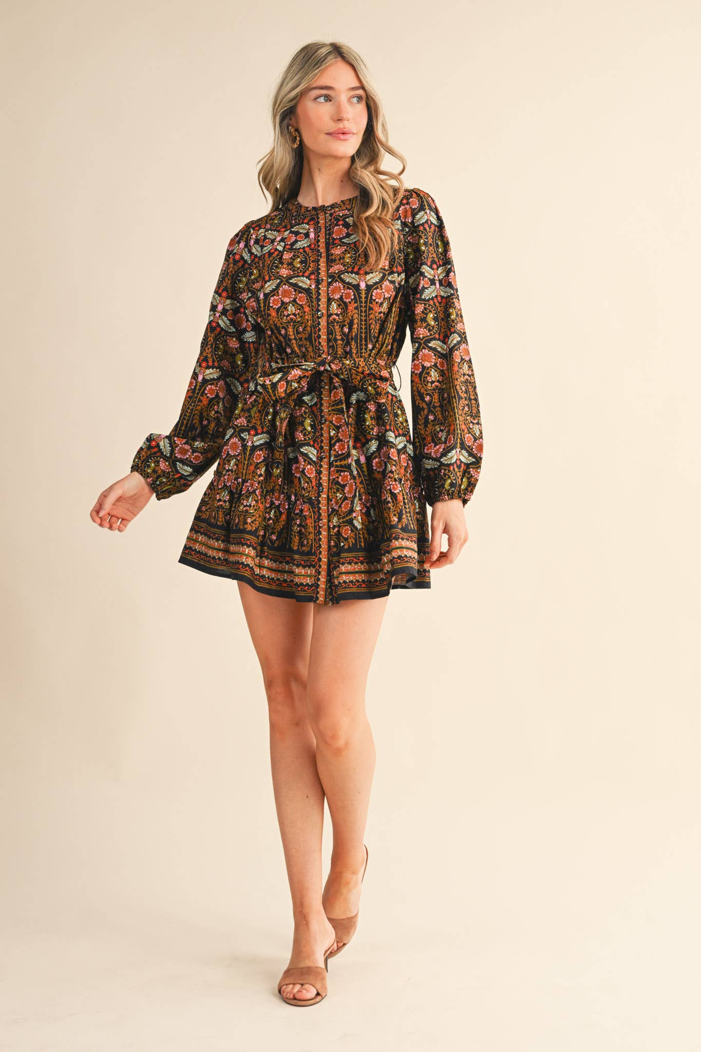 &MERCI - Wholesale Dress - Women's - EXCLUSIVE FLORAL PRINT BUTTON DOWN BELTED MINI DRESS MDR45212