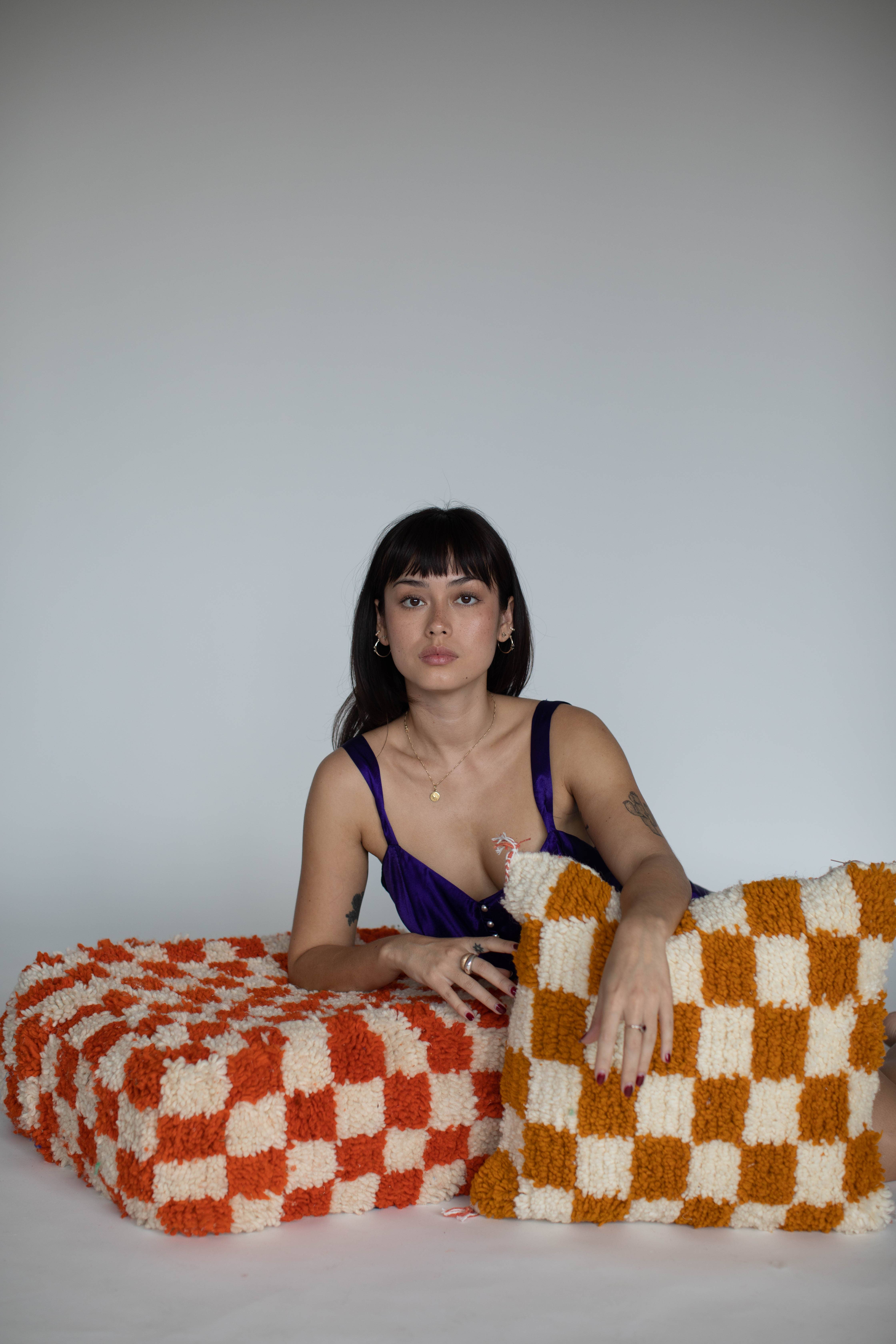 Voyage - Venta al por mayor Puf - Puf otomano marroquí cuadriculado hecho a mano26