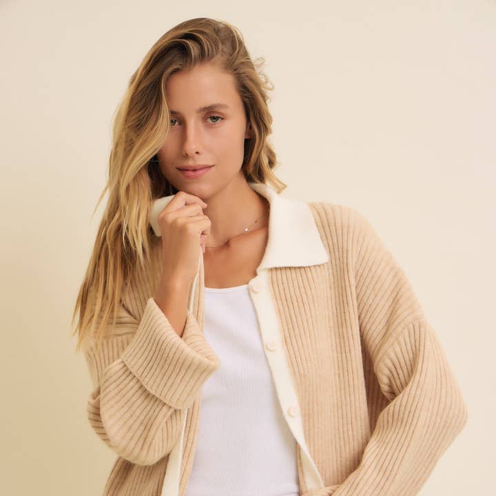 BEIGE TWO TONE RIB SWEATER CARDIGAN WITH CONTRAST COLLAR for wholesale on Faire