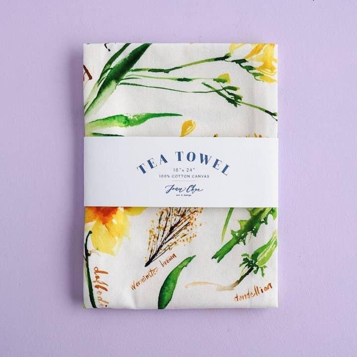 Botanical Rainbow (Yellow) Tea Towel. Watercolor Floral. for wholesale by Jean Choe Art & Design