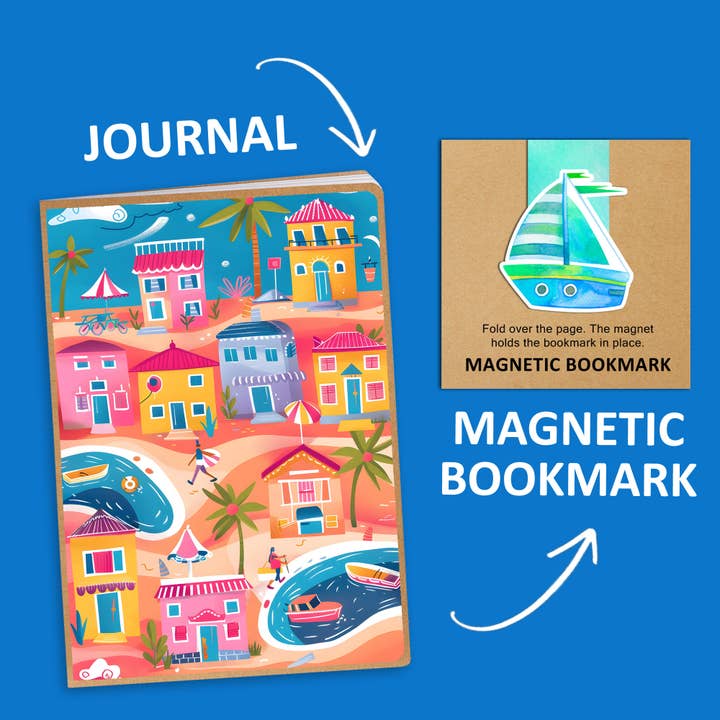 Seaside Beach Town Journal w/ Sailboat Magnetic Bookmark Set for wholesale by Coastal Creators of Connecticut