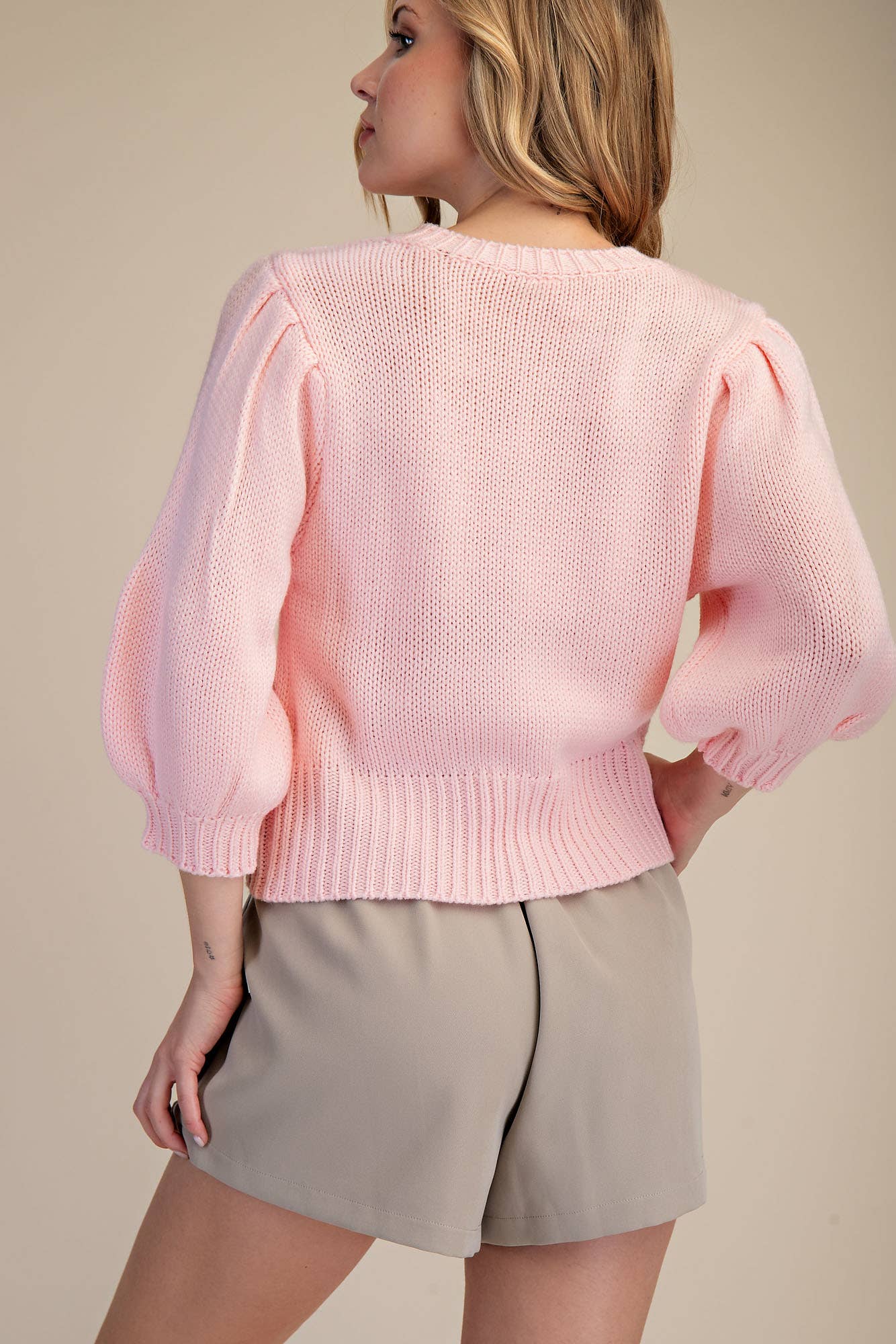 Glam - Wholesale Knit Sweater - Women's - Short Puff Sleeve Button Down Sweater - Reorder Friendly27