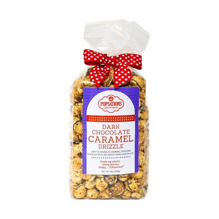 Dark Chocolate Caramel Popcorn 8oz Ribbon Bag for wholesale by Popsations Popcorn Company