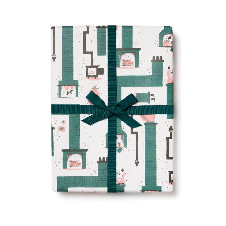 Red Cap Cards - Wholesale Flat Wrap - Santa Chimney holiday wrapping paper